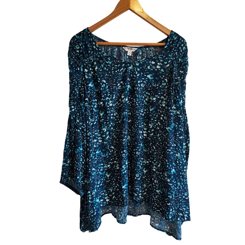 Terra & Sky Womens 4X Navy Blue Teal Abstract Print Boho Flowy Blouse Peasant